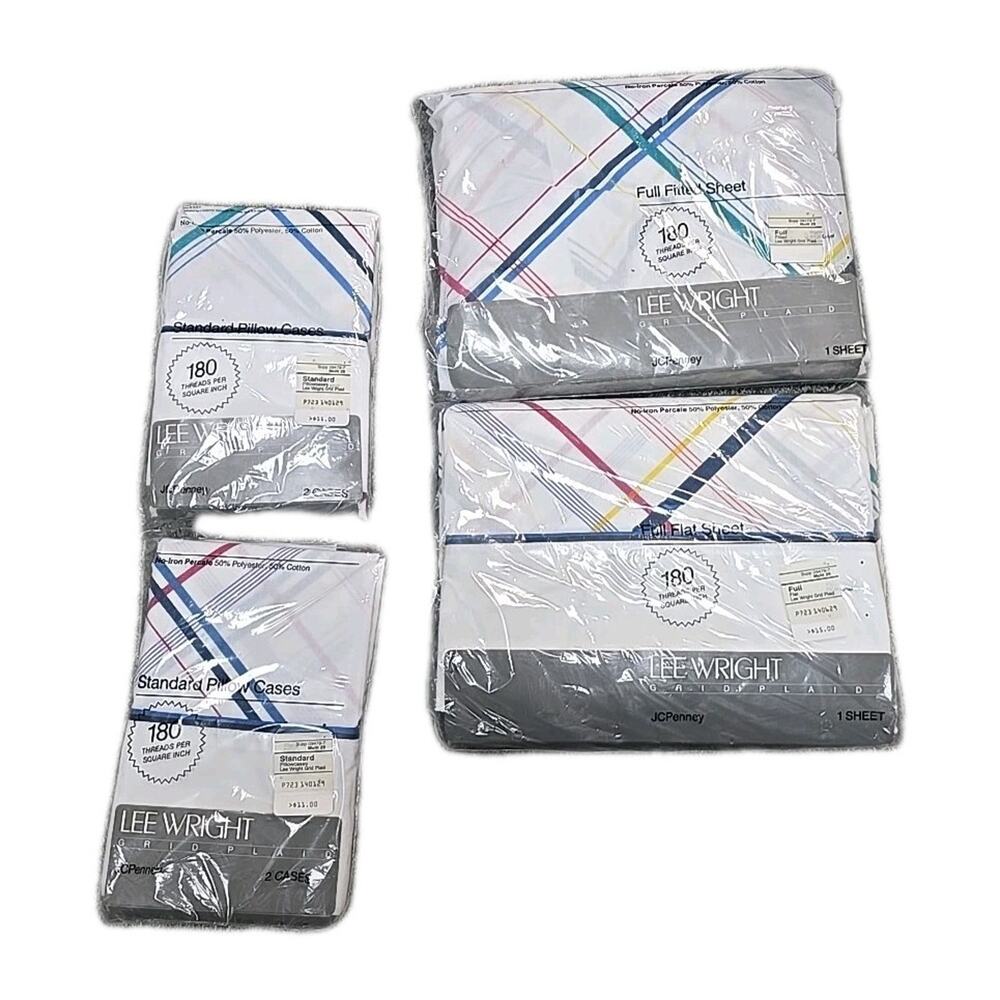 NEW Lot of 4 JC Penney Lee Wright Grid Plaid Flat Fitted Sheet & Pillowcase Set‎